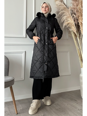 Siyah Beli Büzgülü Kapitone Mont