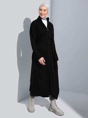 Kuşaklı Fermuar Detaylı Triko Hırka Siyah Kuşaklı Fermuar Detaylı Triko Hırka Siyah