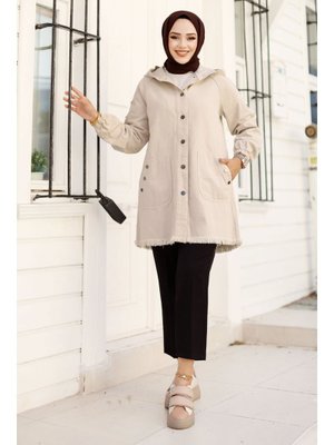 Bej Kapüşonlu Cepli Kot Kap Bej Kapüşonlu Cepli Kot Kap