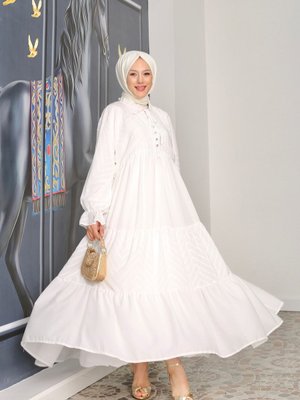 Düğme Detay Katlı Oversize Uzun Tesettür Elbise