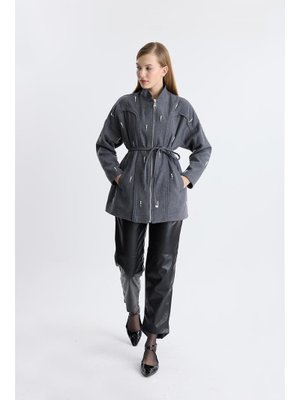 Antrasit Mayi İnci Fermuarlı Ceket