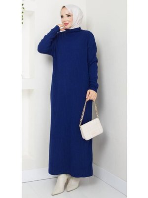 Lacivert Kendinden Çizgili Tam Boy Triko Elbise Lacivert Kendinden Çizgili Tam Boy Triko Elbise