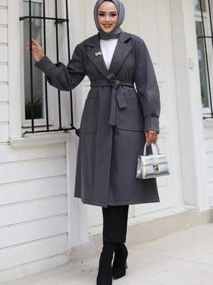 Gri Cep Detaylı Kaşe Kaban