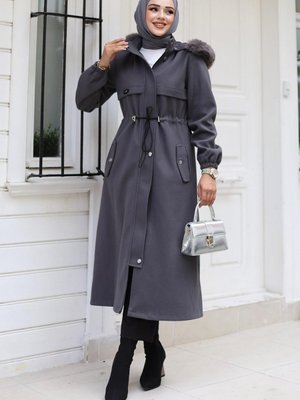 Gri Tünel Detaylı Kaşe Kaban