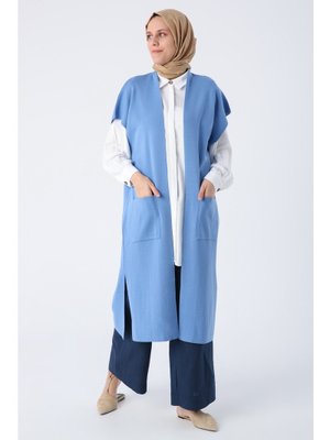 Mavi Cepli Uzun Triko Yelek