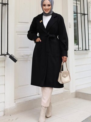 Siyah Cep Detaylı Kaşe Kaban