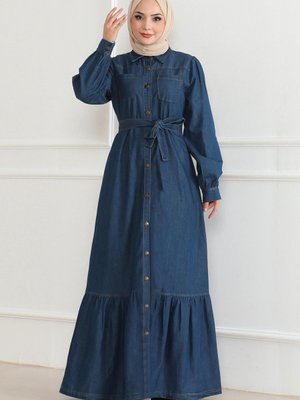 Koyu Mavi Kot Fırfır Detaylı Elbise