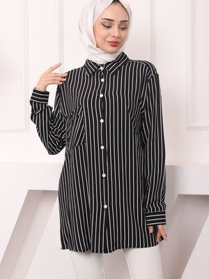 Siyah Çizgili Tek Cepli Gömlek Siyah Çizgili Tek Cepli Gömlek