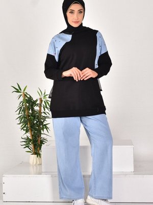 Siyah İki İplik Kumaş Kot Garnili İkili Takım Siyah İki İplik Kumaş Kot Garnili İkili Takım