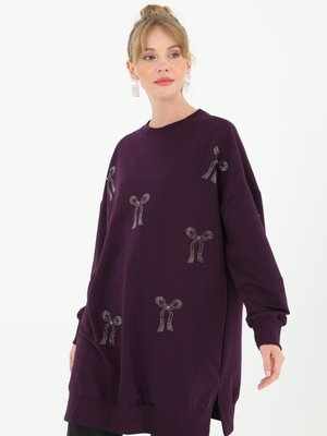 Mor İki İplik Kumaş Taş Baskılı Sweatshirt