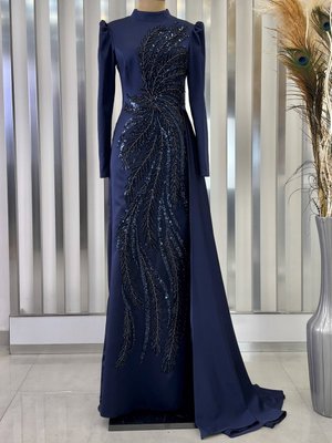 Lacivert Yaprak Abiye Elbise