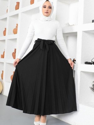 Kuşaklı Pileli Uzun Etek Siyah Kuşaklı Pileli Uzun Etek Siyah