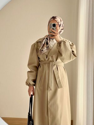 Balon Kol Bondit Kumaş Kuşaklı Trençkot