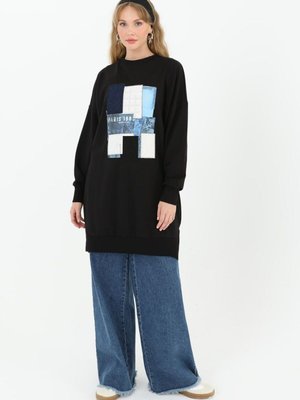 Siyah İki İplik Kumaş Önü Garnili Sweatshirt Siyah İki İplik Kumaş Önü Garnili Sweatshirt