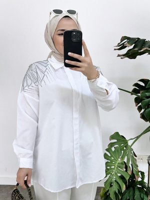 Taşlı Pullu Dokuma Gömlek Beyaz Taşlı Pullu Dokuma Gömlek Beyaz