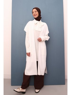 Ekru Cepli Uzun Triko Yelek