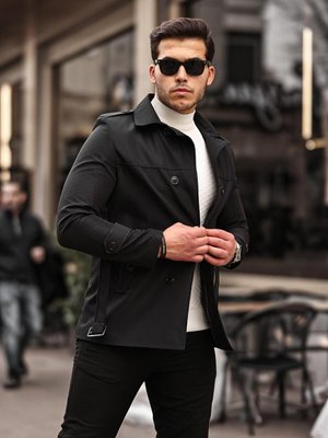 Belden Bağlamalı Siyah Balon Kol Trençkot Belden Bağlamalı Siyah Balon Kol Trençkot