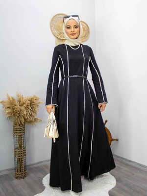 Kemerli Biyeli Keten Elbise Siyah Kemerli Biyeli Keten Elbise Siyah