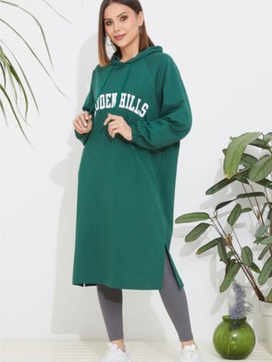 Kapüşonlu Baskılı Tunik Sweatshirt