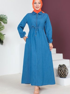Açık Lacivert Fermuar Detaylı Kot Elbise