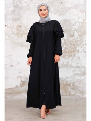 Siyah Fırfır Kol Boydan Fermuarlı Ferace