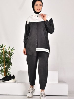 Gri Keten Kumaş Çizgili Ve Garnili İkili Takım