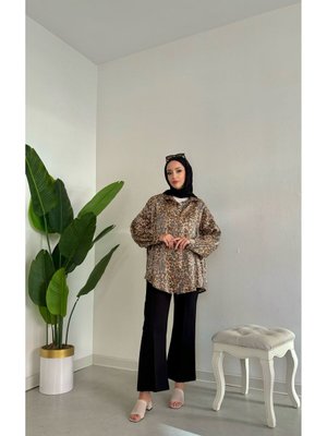 Jakarlı Desenli Oversize Gömlek ( Uzunluk 80cm ) Leoparlı