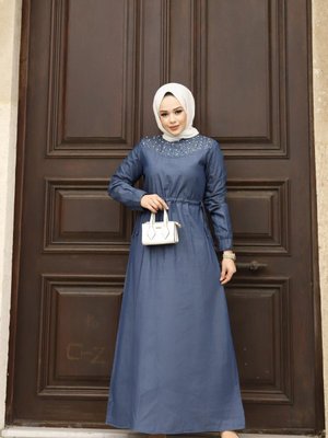 Koyu Lacivert İnci Detaylı Kot Elbise