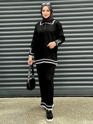 Siyah Kol Düğme Detaylı Triko Takım