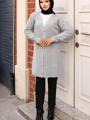Düğme Detaylı Fitilli Hırka Gri