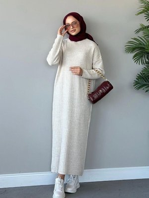 Fitilli Triko Elbise Ekru Fitilli Triko Elbise Ekru