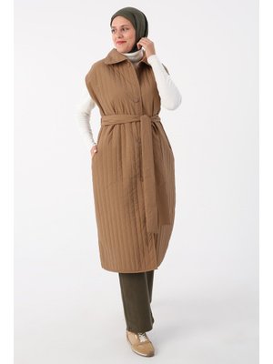 Koyu Bej Oversize Çıtçıtlı Dikey Çizgi Uzun Kapitone Yelek