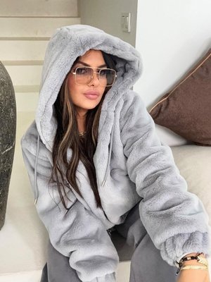 Gri Kapüşonlu Fermuarlı Kürk Mont