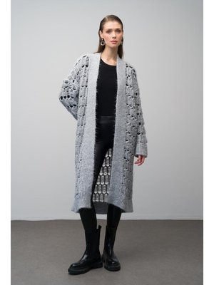 Gri Ajurlu Uzuın Triko Hırka