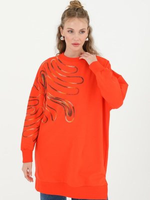Turuncu İki İplik Kumaş Örgü Desenli Sweatshirt Turuncu İki İplik Kumaş Örgü Desenli Sweatshirt
