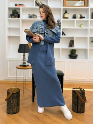 Premium Kalite Kot Detaylı Salaş Tasarım hırka Etek Ve triko İçlik Üçlü Tasarım Triko Takım