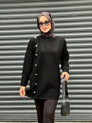 Siyah Top Düğmeli Triko Tunik