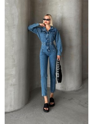 Mavi Çıt Detaylı Denim Tulum Mavi Çıt Detaylı Denim Tulum