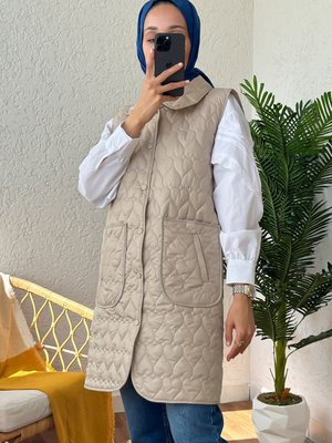 Çift Cepli Kapitone Yelek Taş Rengi