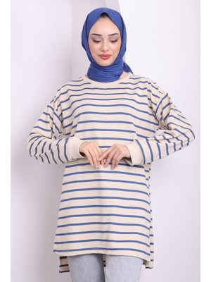 İndigo Yanları Yırtmaçlı Çizgili Tunik İndigo Yanları Yırtmaçlı Çizgili Tunik
