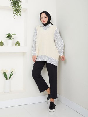 Ekru Gömlekli Triko Tunik