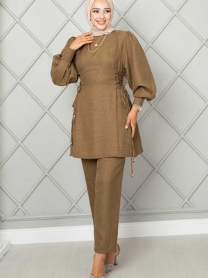 Yanları Bağlamalı Tunik Takım Tütün Yanları Bağlamalı Tunik Takım Tütün