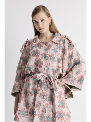 Yeşil Minella Desenli Yaka Taş Detaylı Pelerin