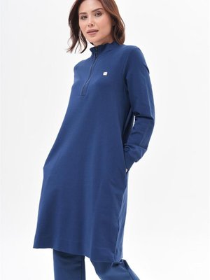 Yarım Fermuarlı Cep Detaylı İndigo Tunik