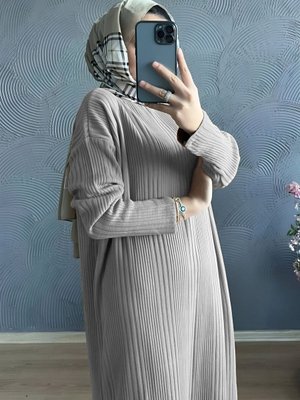 Oversize Bol Kesim Yarım Balıkçı Yaka Fitilli Triko Elbise Beden Arası