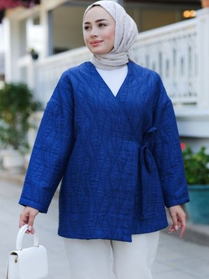 Kendinden Desenli Yaka Bağlamalı Ceket Lacivert Kendinden Desenli Yaka Bağlamalı Ceket Lacivert