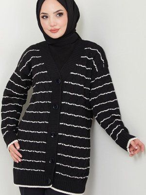 Çizgili Baklava Desen Triko Hırka Siyah Çizgili Baklava Desen Triko Hırka Siyah