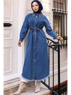 Lacivert Yakası Taş Detaylı Broşlu Kot Kap