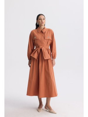 Kiremit Sara Cep Detay Kuşaklı Etek Takım