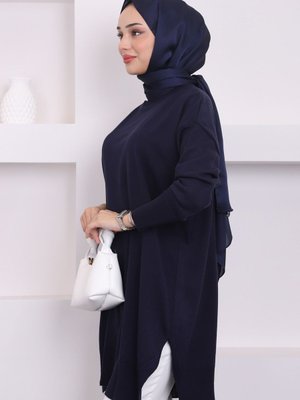 Lacivert Bisiklet Yaka İnce Merserize Salaş Triko Tunik Lacivert Bisiklet Yaka İnce Merserize Salaş Triko Tunik